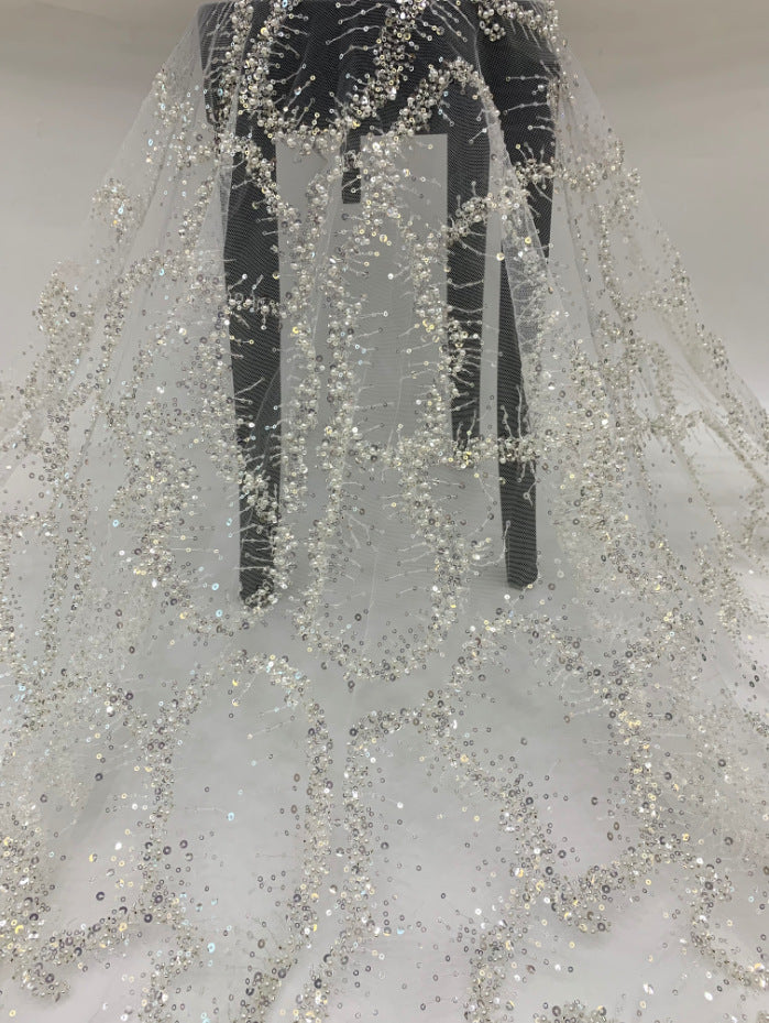 Geometric 3/5 mm Crystal-Look Sequin & Silver-Bead Embroidered Bridal Fabric — fabric photo 6