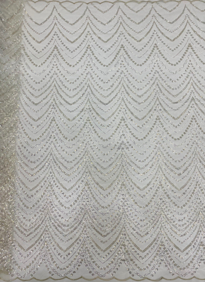 Wave 3/5 mm Crystal-Look Sequin & Silver-Bead Embroidered Bridal Fabric – Design 38527 — fabric photo 2