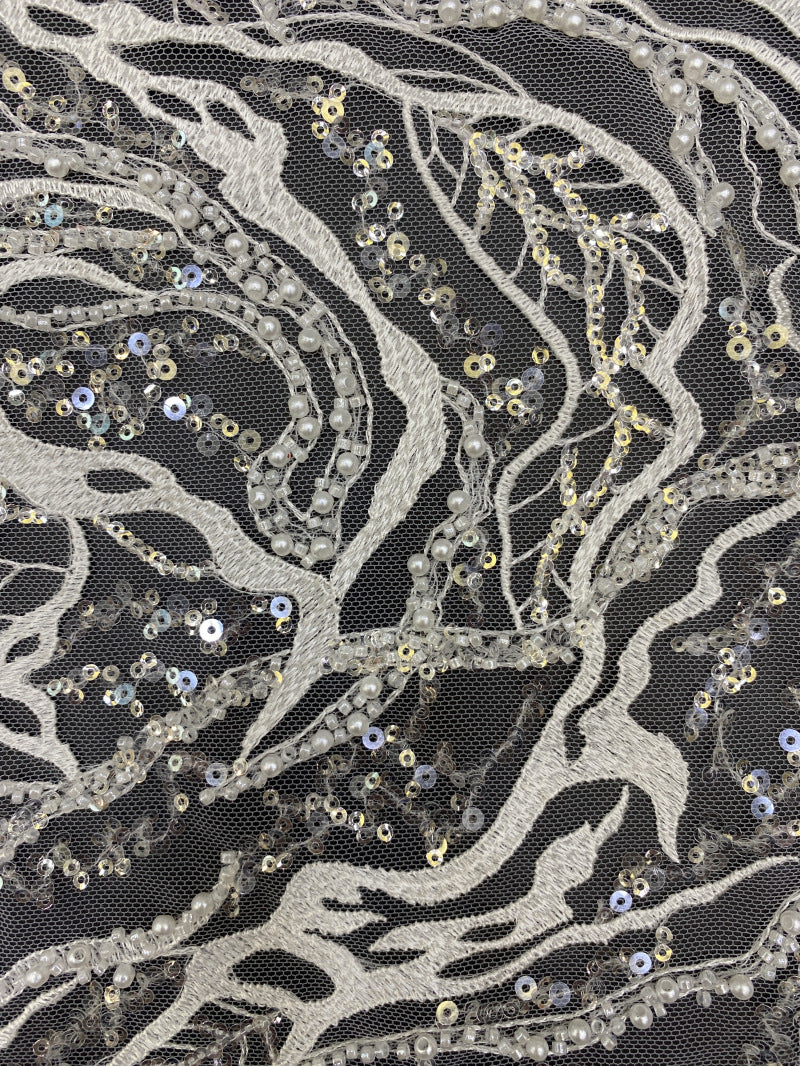 Floral Double Bead & 3/4mm Sequin Wedding Fabric — fabric photo 3