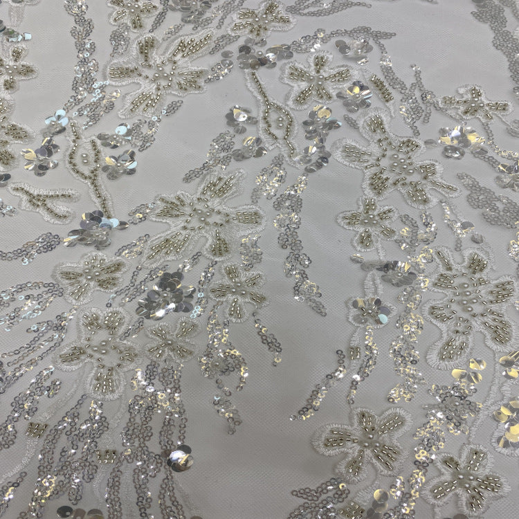 3/7 mm Crystal-Look Sequin & Silver-Bead Embroidered Bridal Fabric – Design 47551 — fabric photo 3