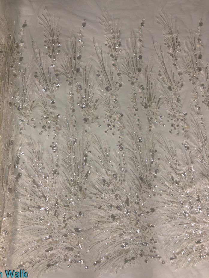 Heavy 3D 3/7 mm Sequin & Triple-Bead Embroidered Bridal Fabric — fabric photo 5