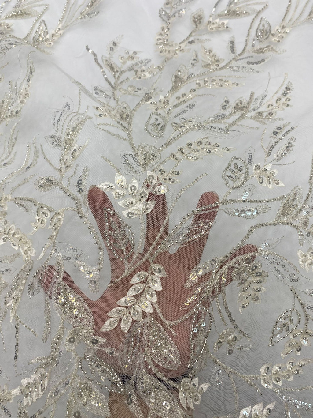 Laser-Cut Floral Silver Bead & Crystal Sequin Fabric — fabric photo 3