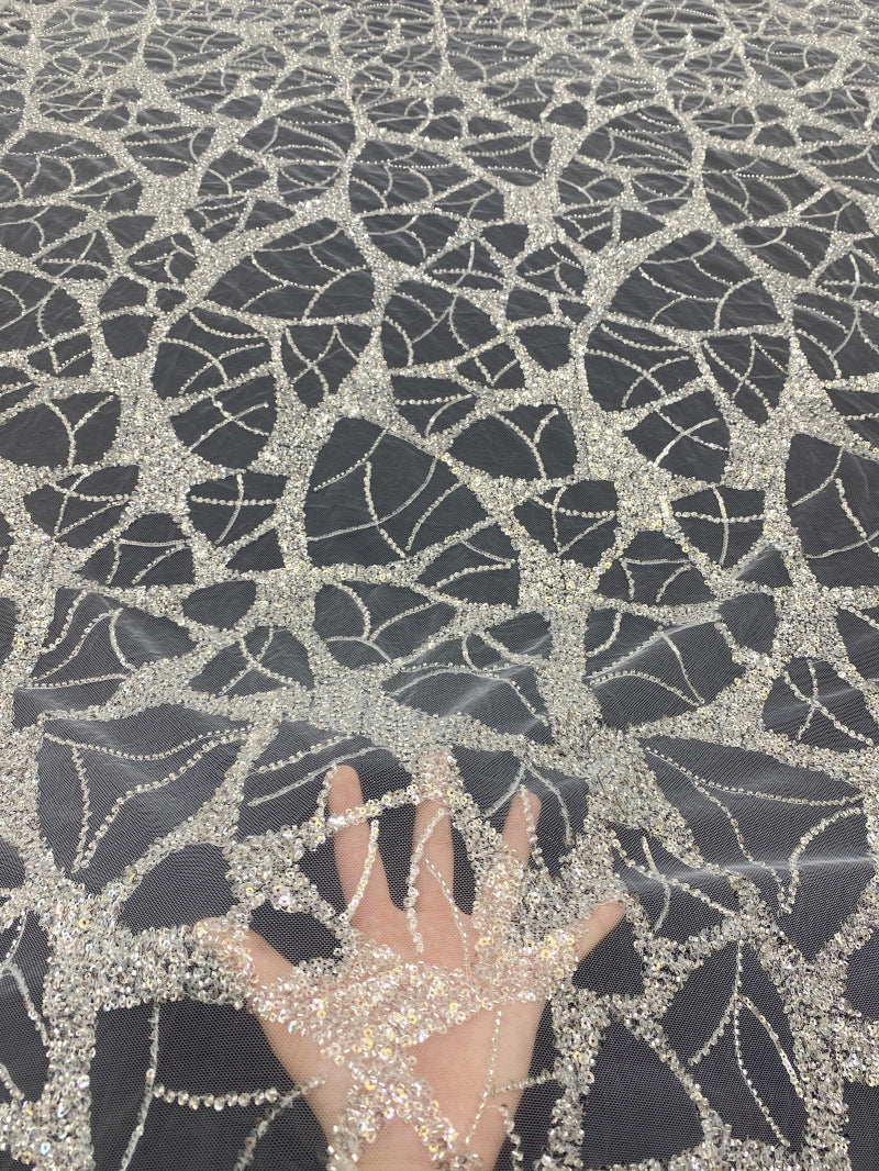 3/4 mm Crystal-Look Sequin & Silver-Bead Embroidered Bridal Fabric – Design 64831 — fabric photo 4