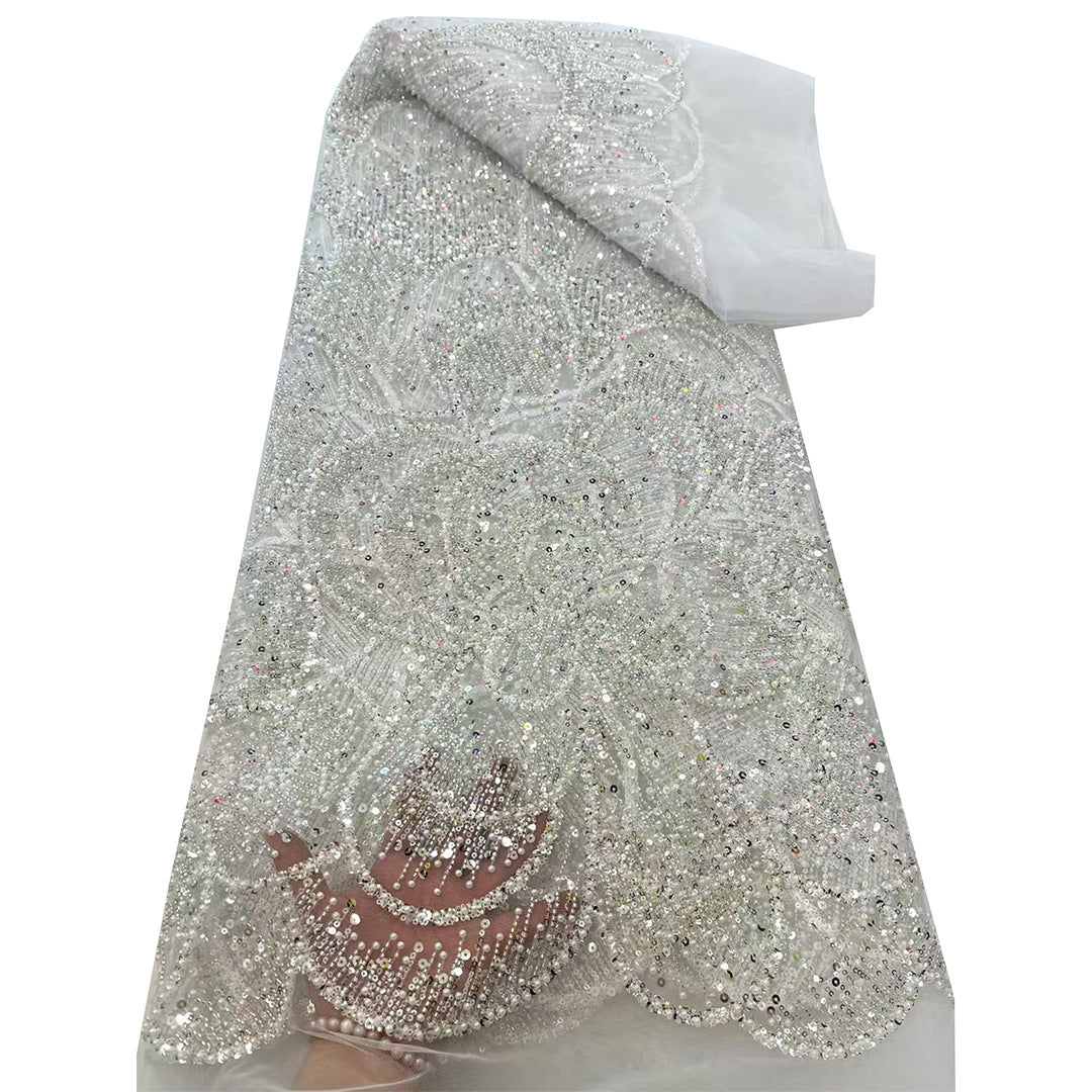 Large Floral Bugle Bead & Sequin Embroidered Mesh Lace – Per Yard — fabric photo 4
