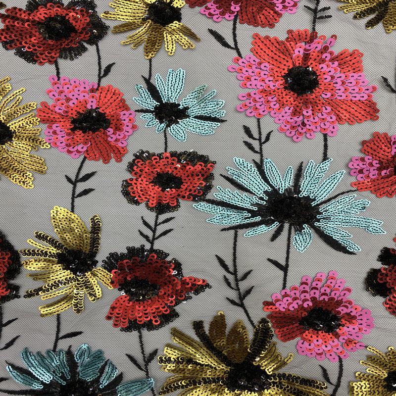 Multicolor Botanical Layered Sequin Embroidered Tulle Mesh Fabric — fabric photo 5
