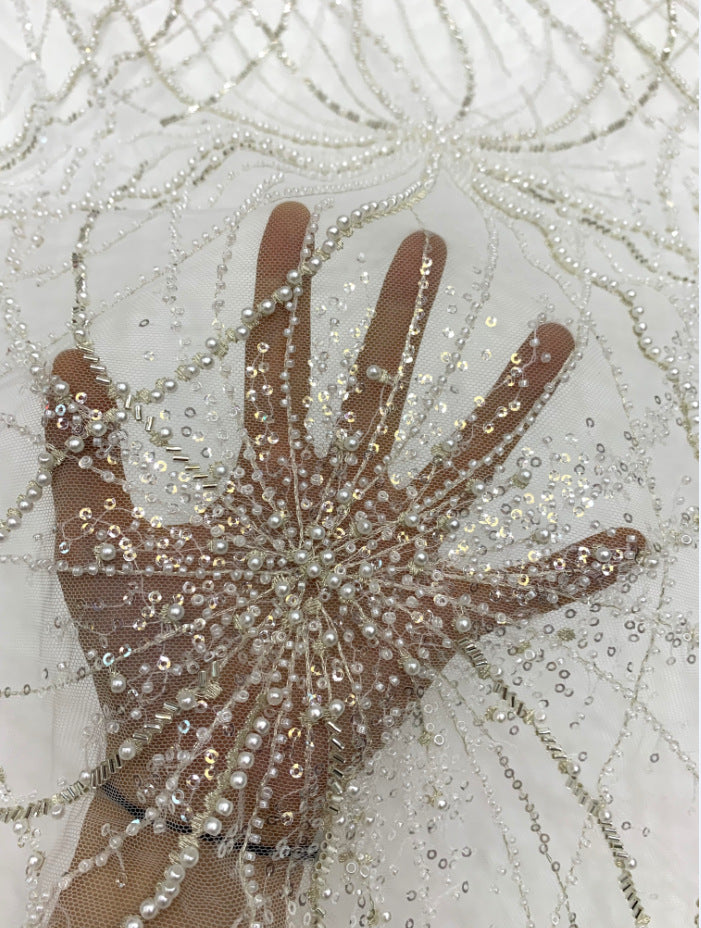 Heavy 3 mm Sequin & Bugle-Bead Embroidered Bridal Fabric — fabric photo 5