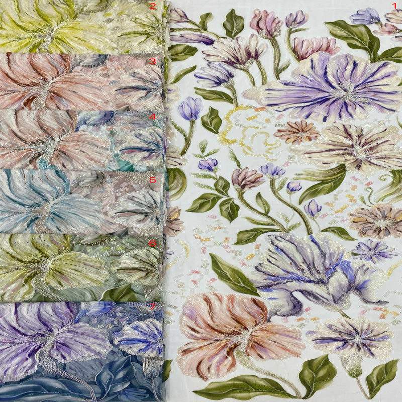 Large Floral Print Bugle Bead Sequin Fabric — fabric photo 4