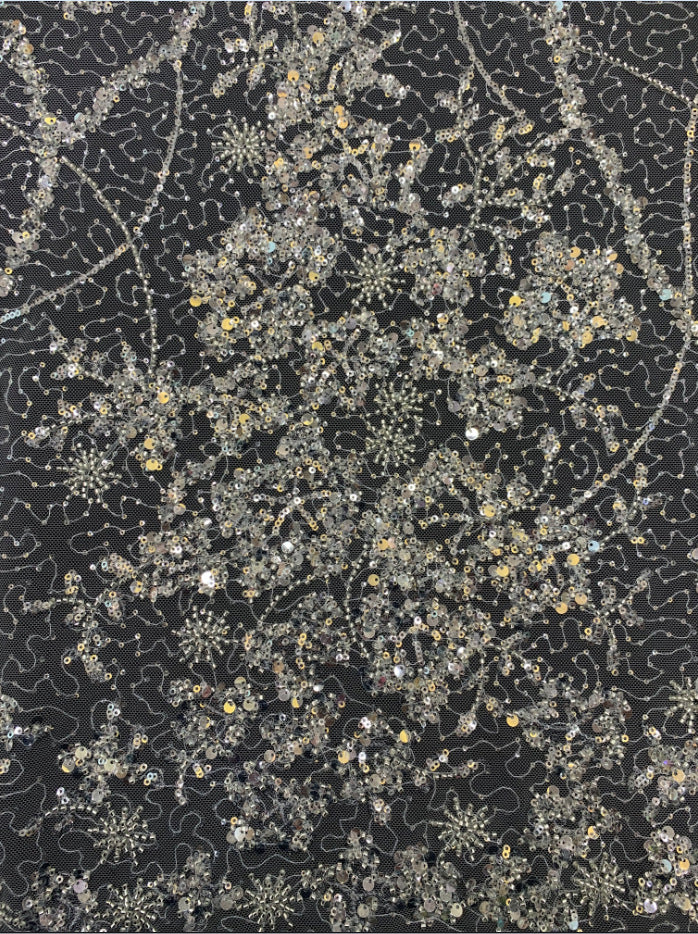 2/3/5 mm Crystal-Look Sequin & Silver-Bead Embroidered Bridal Fabric — fabric photo 6