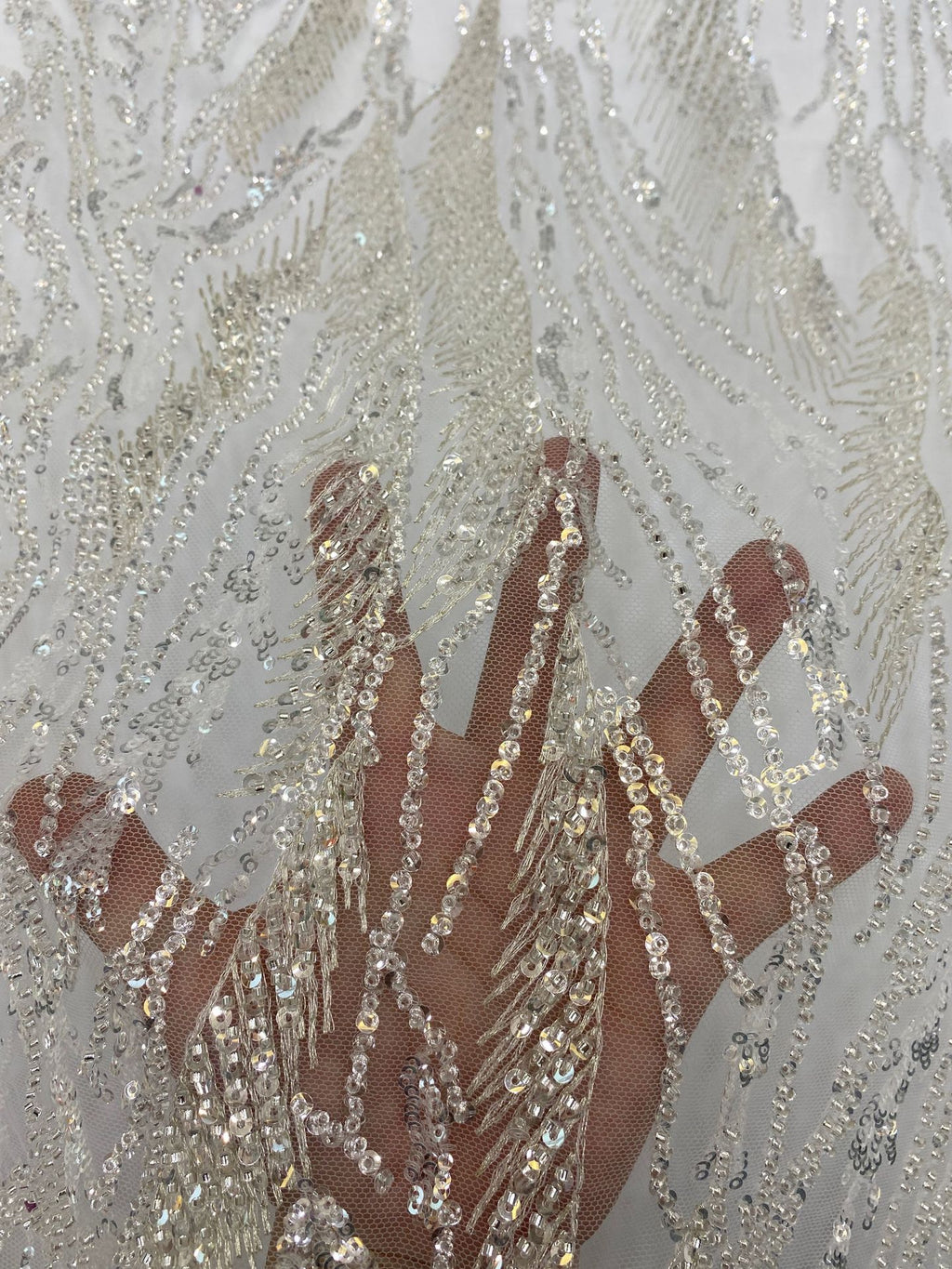 Dense Silver Bead & 3/4 mm Sequin Embroidered Fabric — fabric photo 5