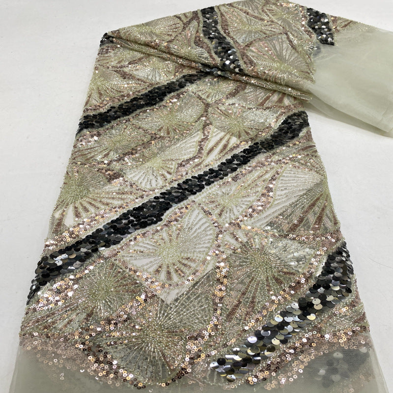 Heavy 3/7 mm Sequin & Bugle-Bead Embroidered Bridal Fabric — fabric photo 4