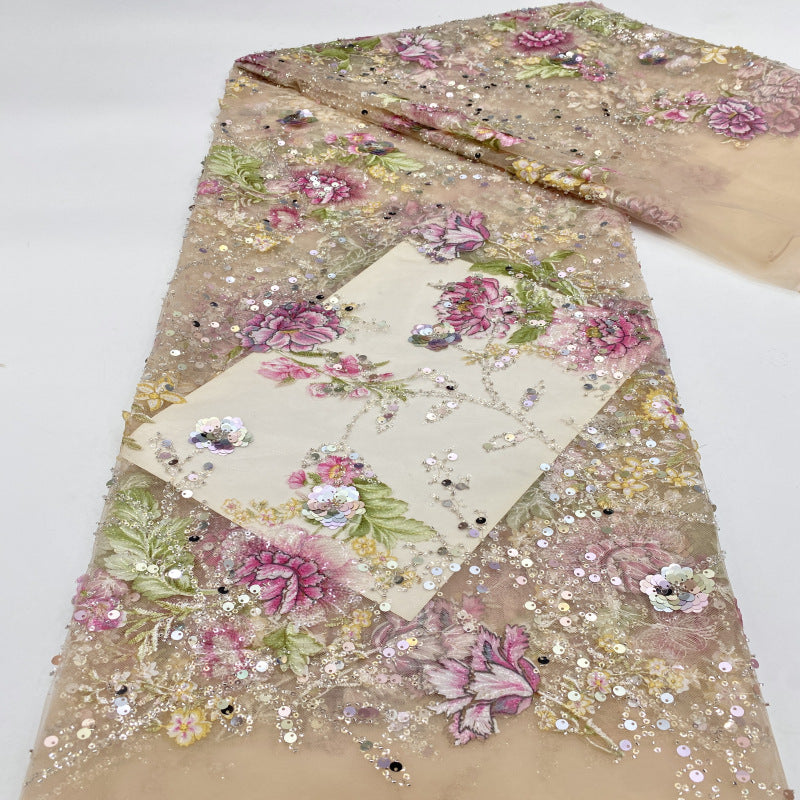 Botanical Print Bugle Bead Sequin Fabric