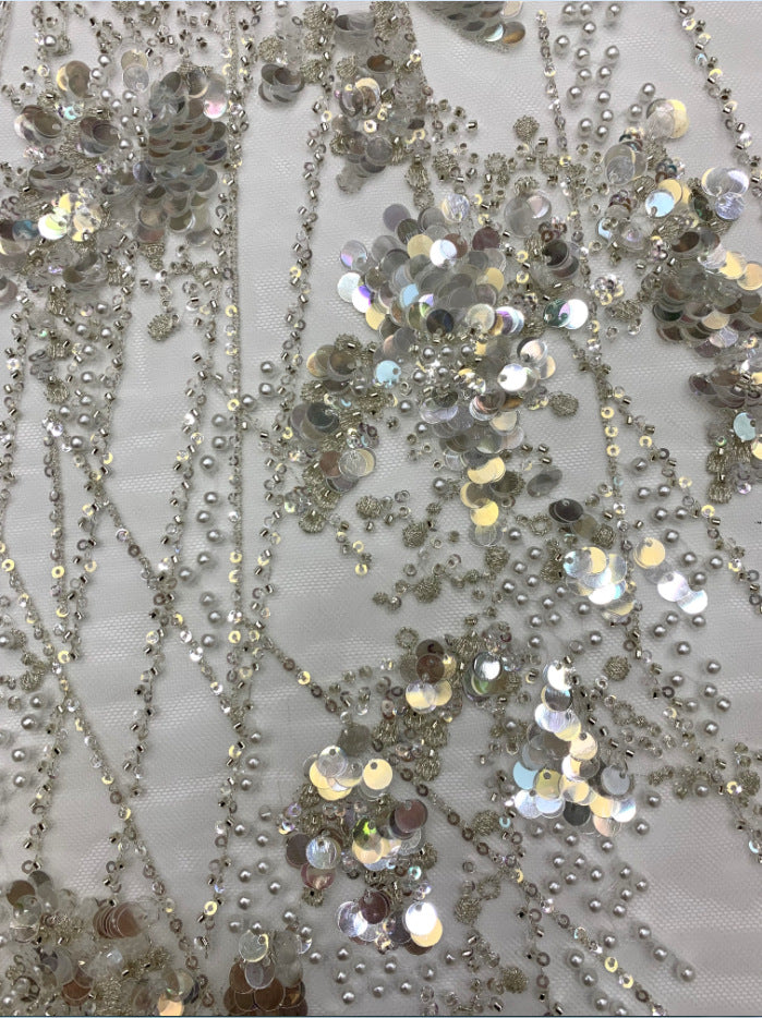 3/7 mm Crystal-Look Sequin & Silver-Bead Embroidered Bridal Fabric – Design 92191 — fabric photo 3