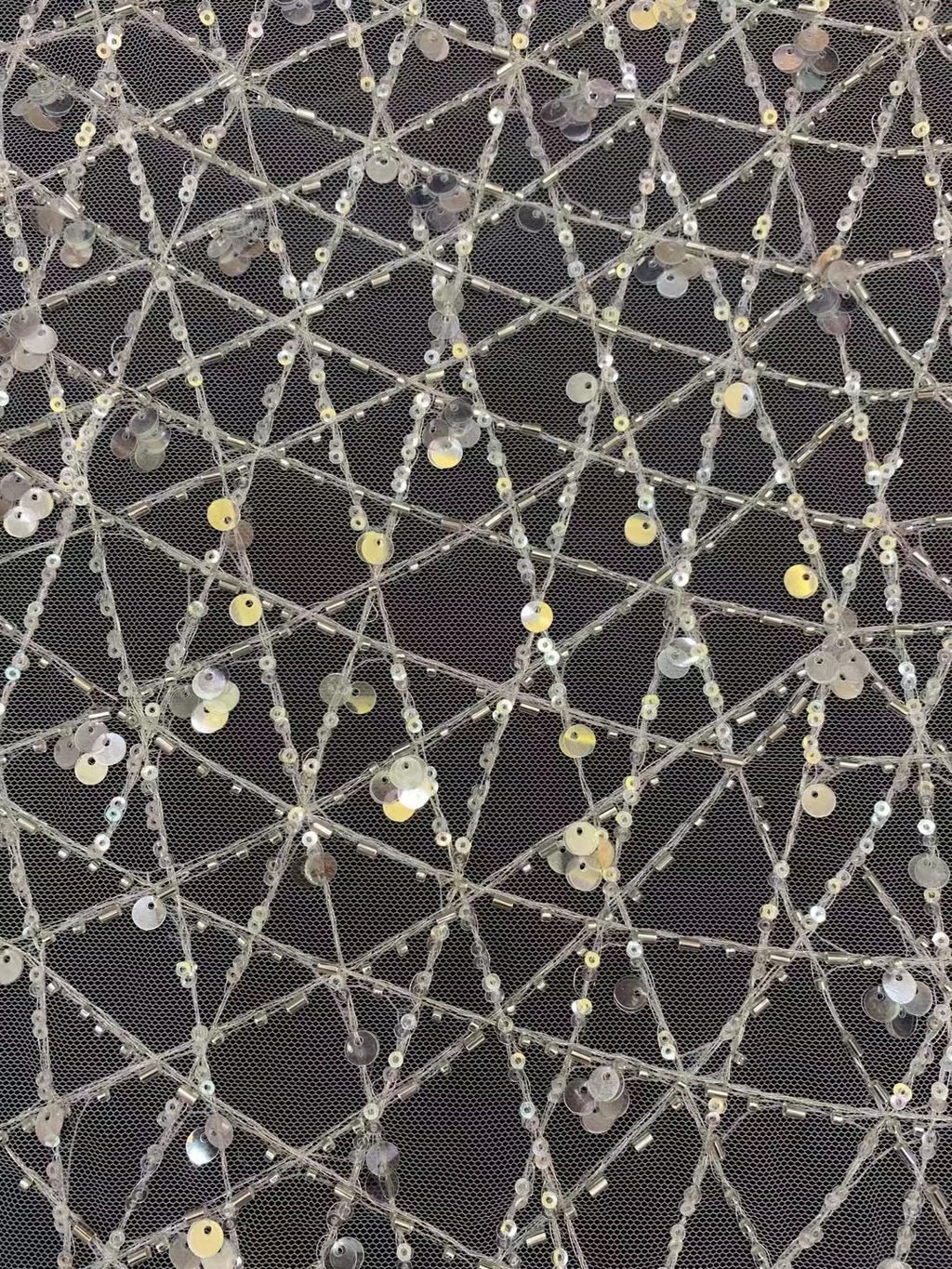 3/7 mm Crystal-Look Sequin & Bugle-Bead Embroidered Bridal Fabric — fabric photo 3