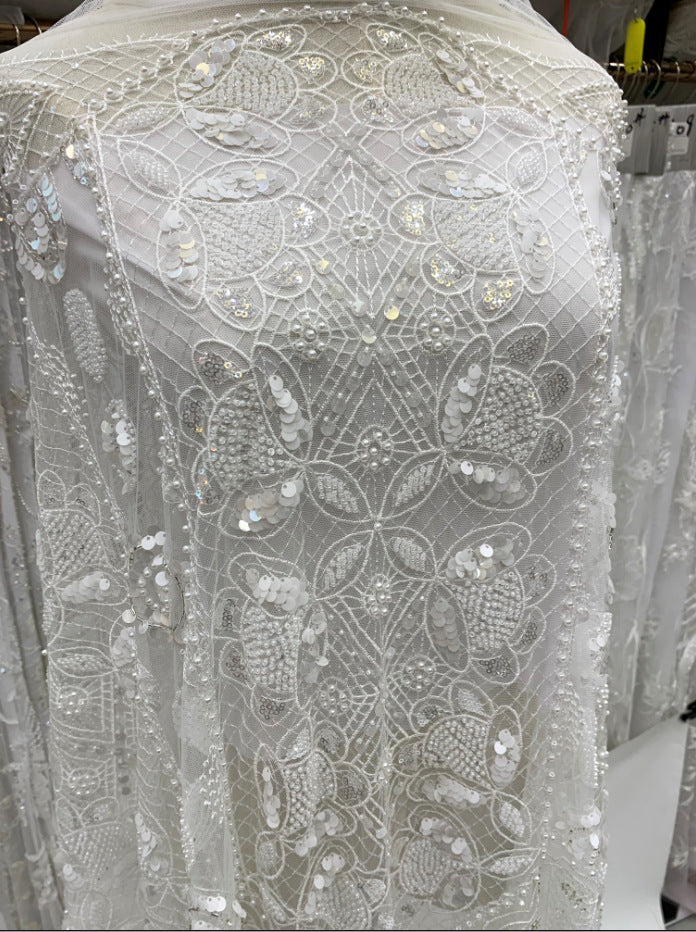 Fine 3/7 mm Sequin & Triple-Bead Embroidered Bridal Fabric — fabric photo 6