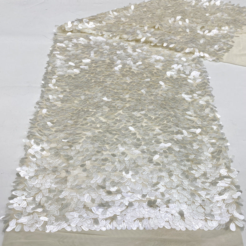 White Shell Sequin Embroidered Stretch Mesh