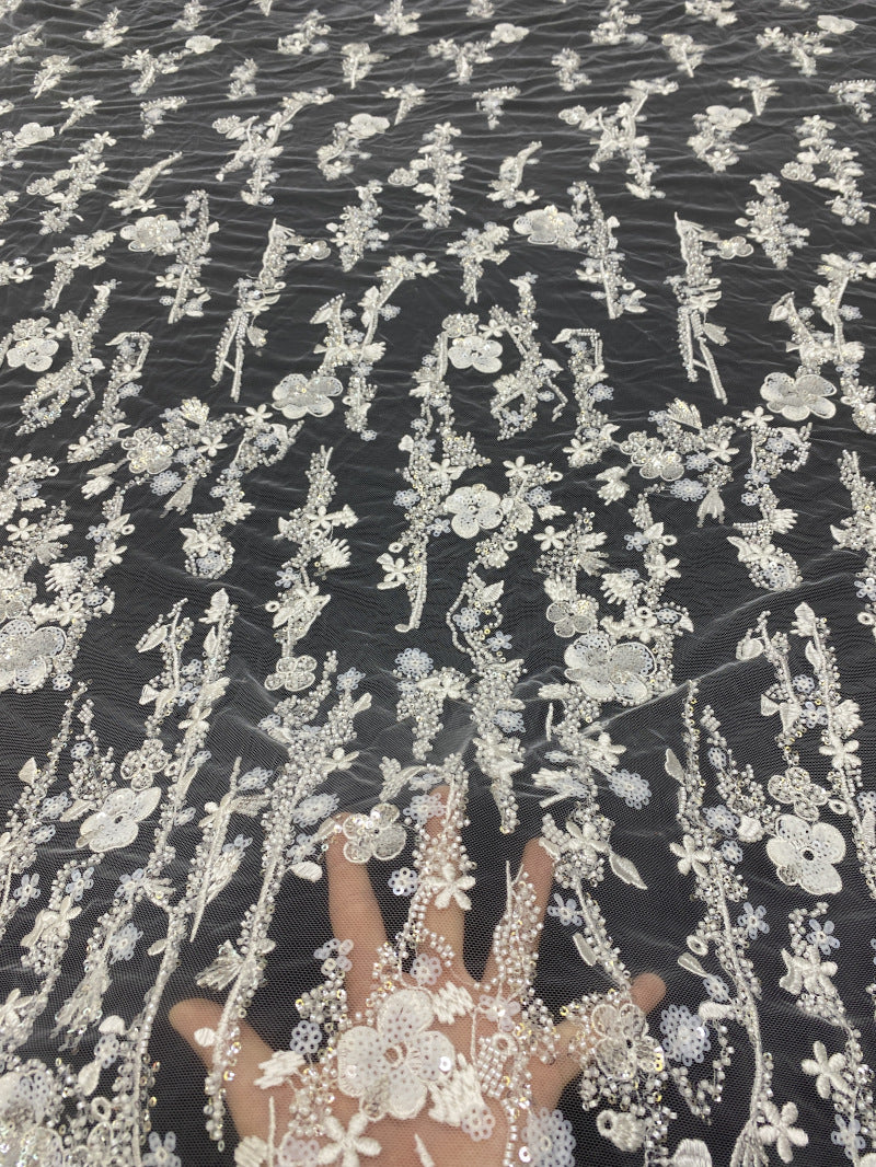 White-Core Bead & 3/4mm Sequin Bridal Fabric — fabric photo 2
