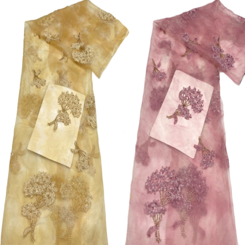 Printed Ribbon Bugle Bead Sequin Organza Fabric