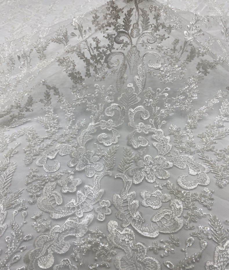 White Beaded Motif & 4 mm Sequin Embroidered Fabric — fabric photo 4