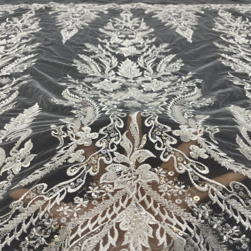 3D 3/4 mm Sequin & Bubble-Bead Embroidered Bridal Fabric — fabric photo 3