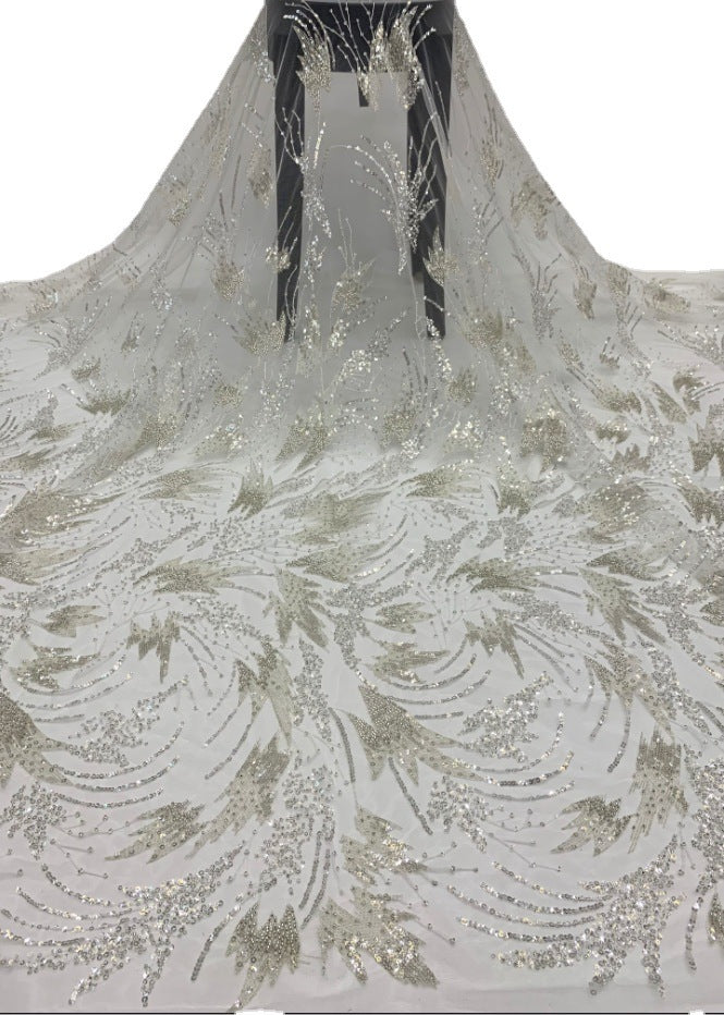 3/4 mm Crystal-Look Sequin & Silver-Bead Embroidered Bridal Fabric – Design 30047