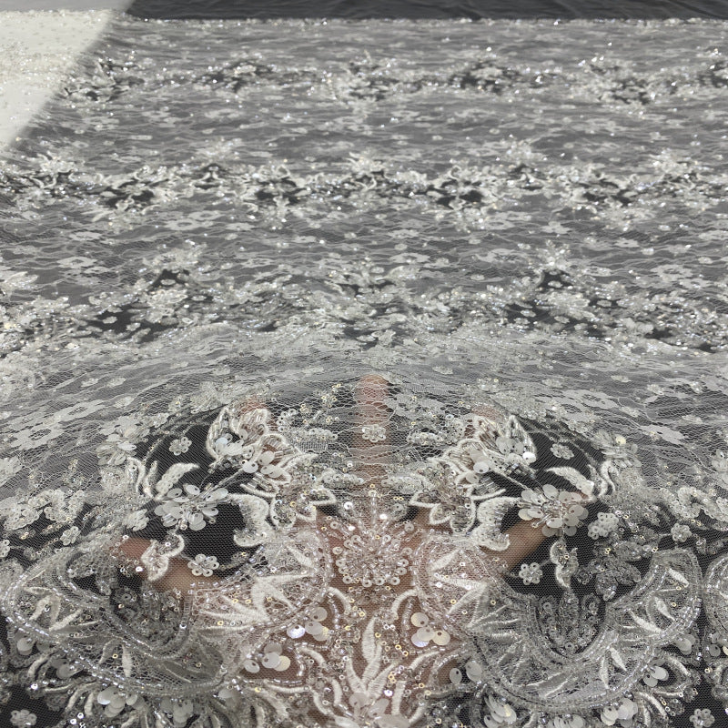 Heavy Sequin & Bugle-Bead Embroidered Lace Fabric — fabric photo 3