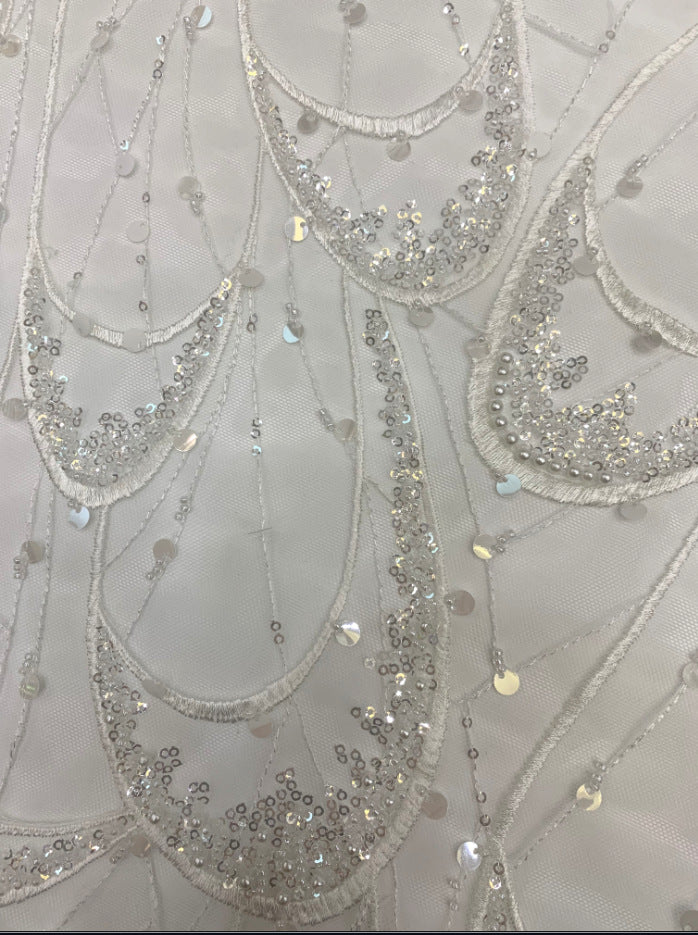 Large Floral Double-Bead Embroidered Bridal Fabric — fabric photo 3