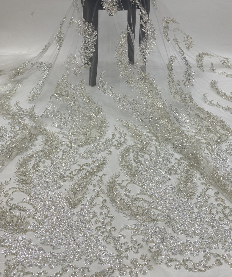 White and Silver Bead Embroidery with 3/4 mm Sequins