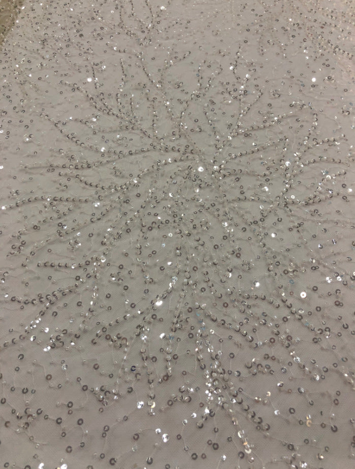 3/4 mm Crystal-Look Sequin & Double-Bead Embroidered Irregular Mesh Fabric — fabric photo 5