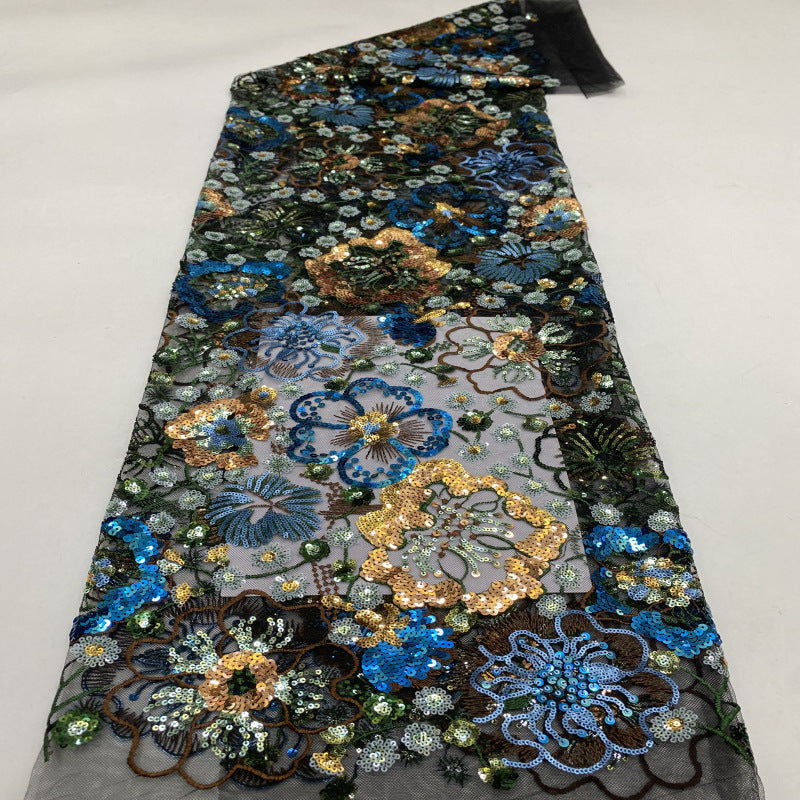 Multicolor Layered Sequin Embroidered Tulle Mesh Fabric