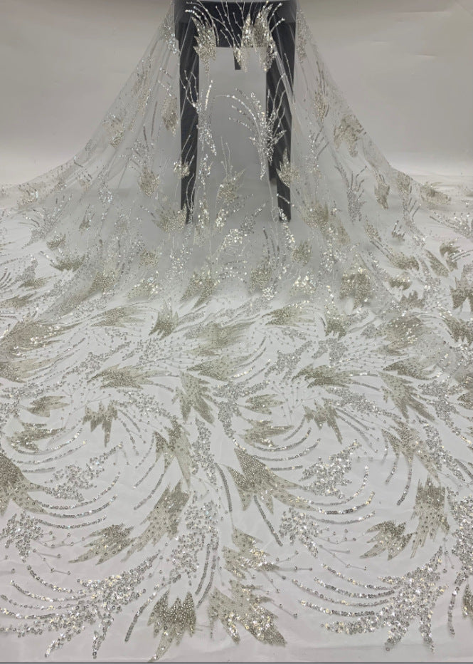 3/4 mm Crystal-Look Sequin & Silver-Bead Embroidered Bridal Fabric – Design 30047 — fabric photo 6