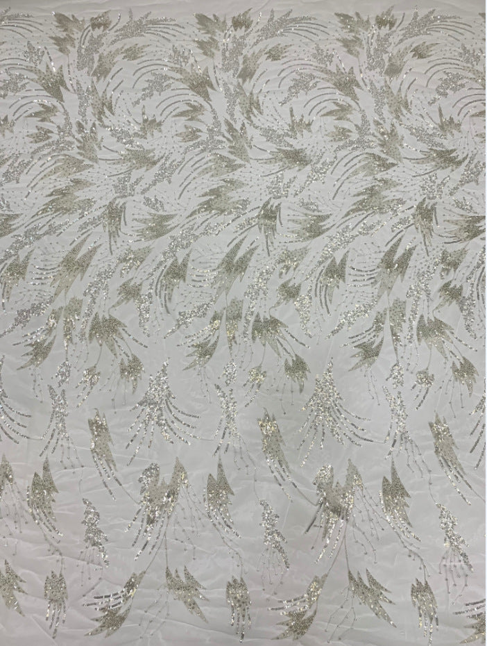 3/4 mm Crystal-Look Sequin & Silver-Bead Embroidered Bridal Fabric – Design 30047 — fabric photo 2