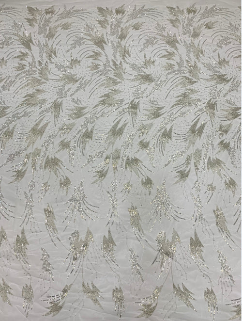 3/4 mm Crystal-Look Sequin & Silver-Bead Embroidered Bridal Fabric – Design 30047 — fabric photo 2