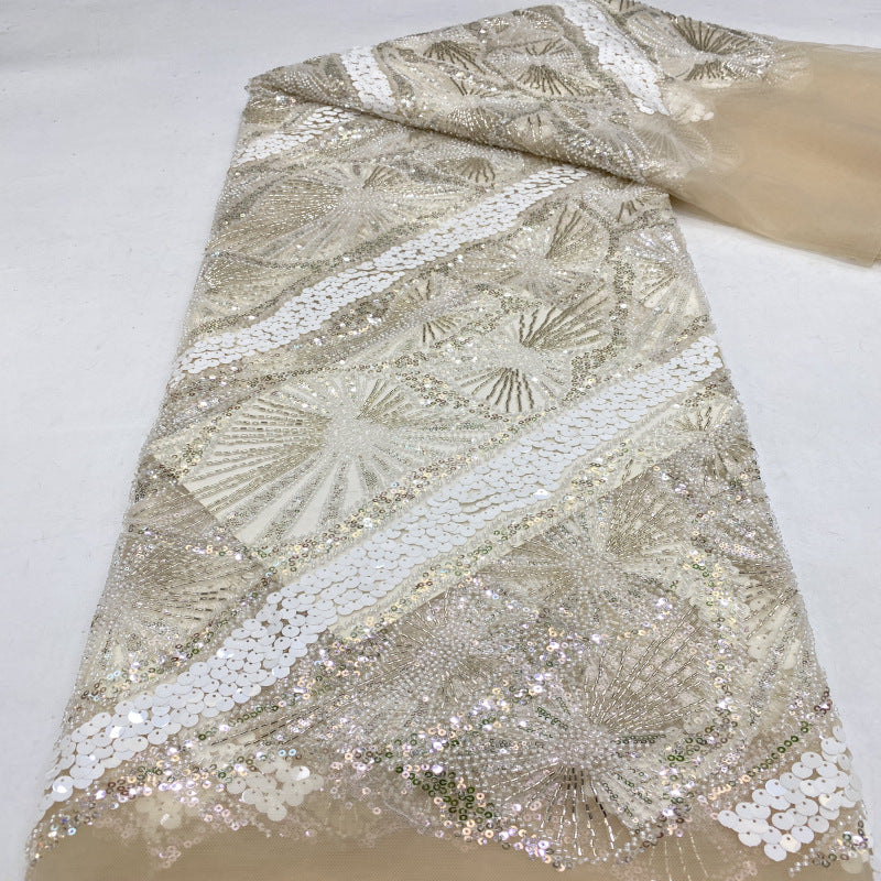 Heavy 3/7 mm Sequin & Bugle-Bead Embroidered Bridal Fabric — fabric photo 2