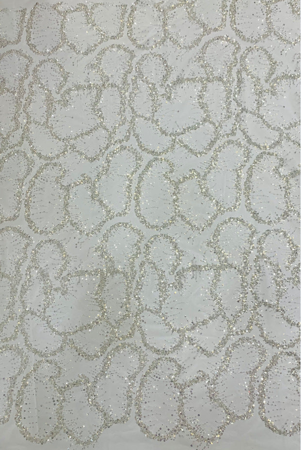 Geometric 3/5 mm Crystal-Look Sequin & Silver-Bead Embroidered Bridal Fabric — fabric photo 2