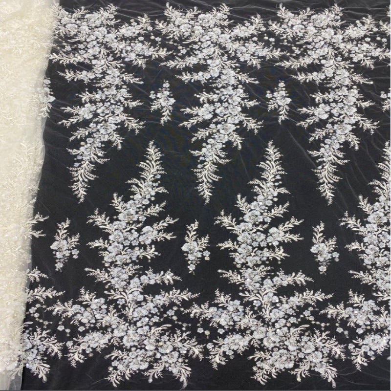 3D 3/7 mm Sequin & White-Core Bead Embroidered Bridal Fabric – Design 47007 — fabric photo 3