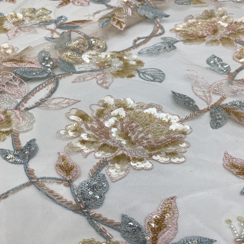 Botanical Bugle Bead and Mixed Sequin Embroidered Fabric — fabric photo 5