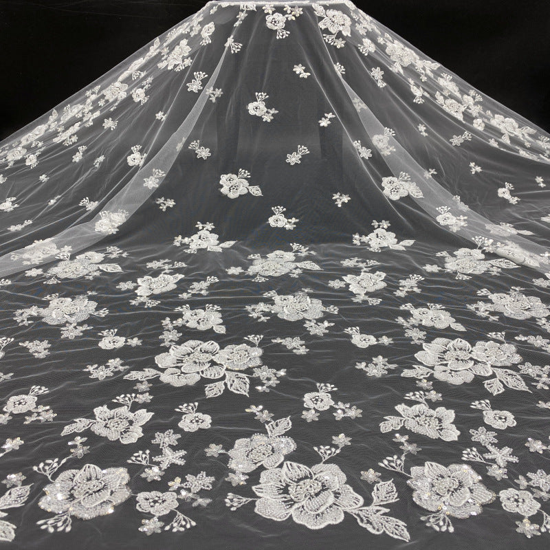 3D Raised-Bead and Sequin Embroidered Bridal Fabric