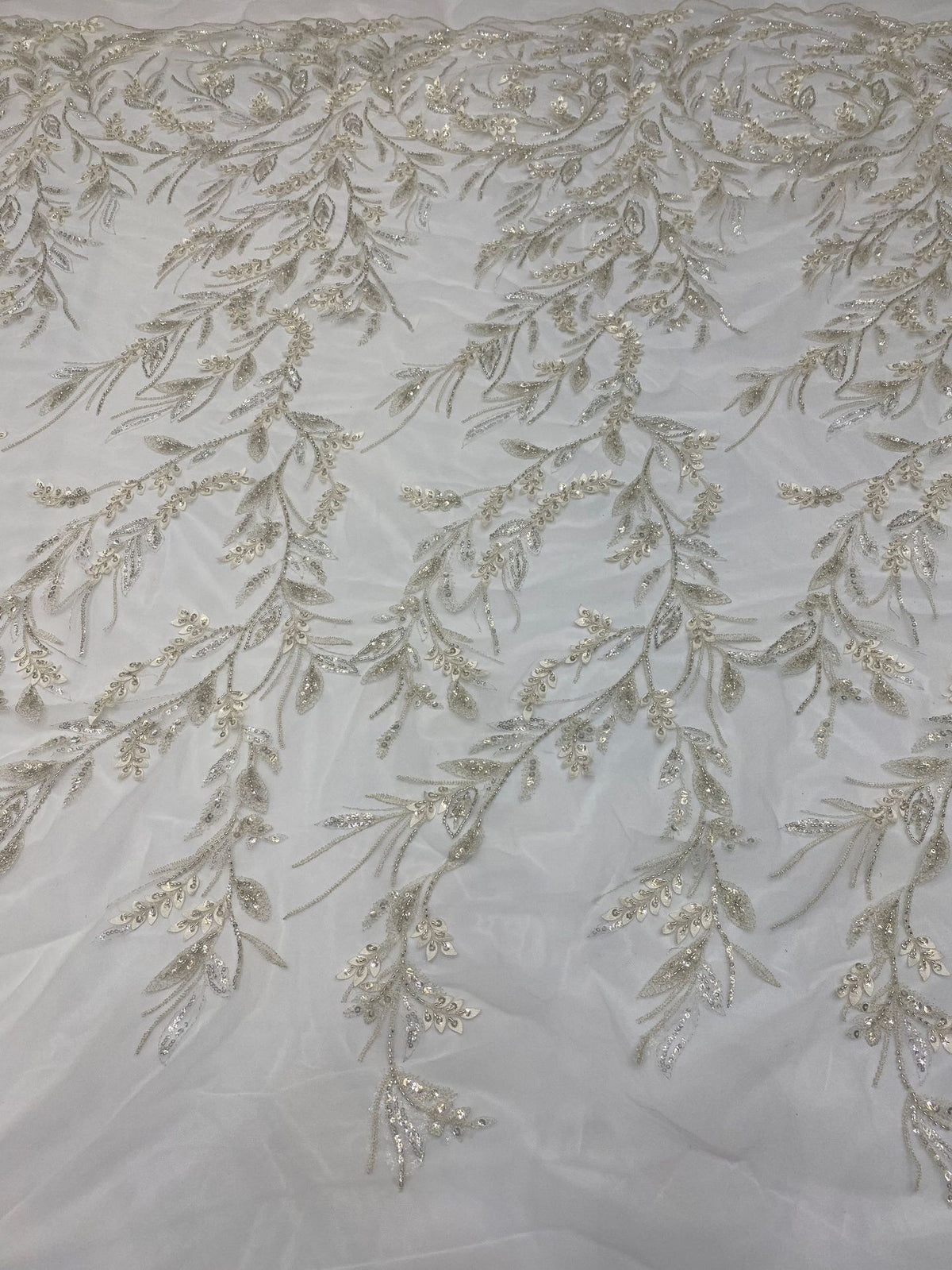 Laser-Cut Floral Silver Bead & Crystal Sequin Fabric — fabric photo 5