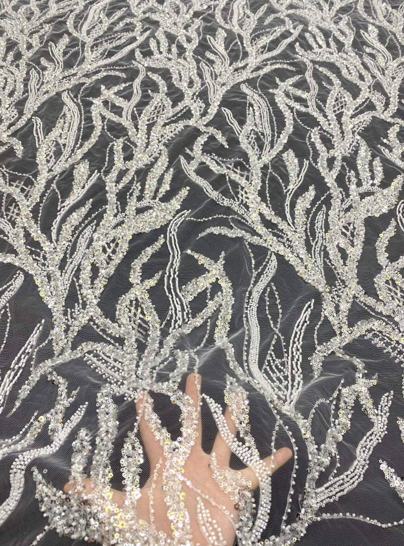 Silver Bead Crystal Sequin Embroidered Bridal Fabric — fabric photo 2