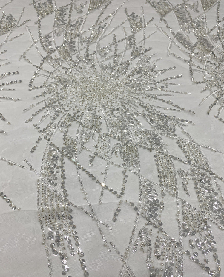 Raised Silver-Bead & 3/6 mm Crystal Sequin Fabric — fabric photo 6