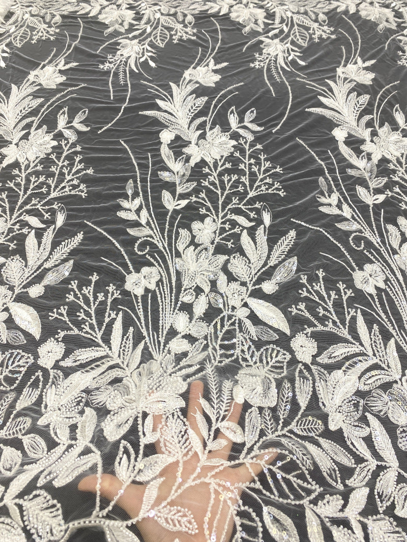 Bugle Bead & Sequin Embroidered Bridal Fabric — fabric photo 2