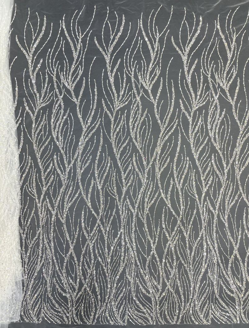 Willow Leaf Silver Bead & Crystal Sequin Fabric — fabric photo 6