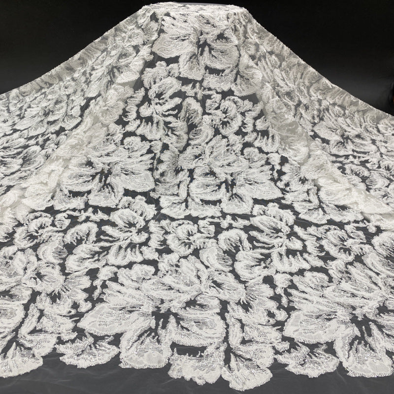 White Double Thread Bead Sequin Bridal Fabric