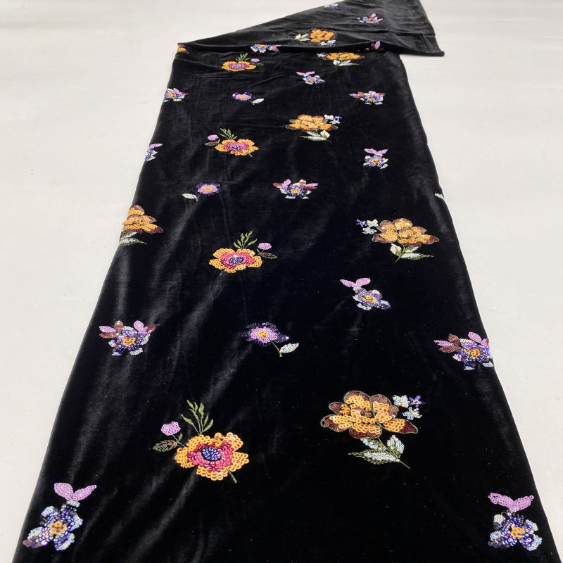 Multicolor Small Floral Sequin Embroidered Velvet-Base Fabric