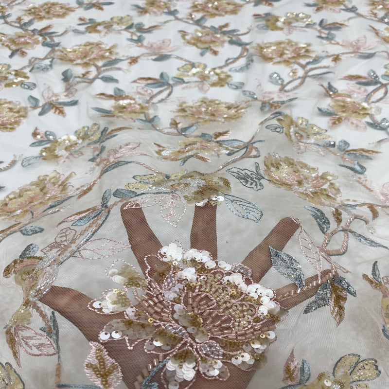 Botanical Bugle Bead and Mixed Sequin Embroidered Fabric — fabric photo 4