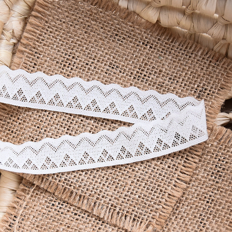 Two strips of narrow white geometric lace edging with repeating zigzag border