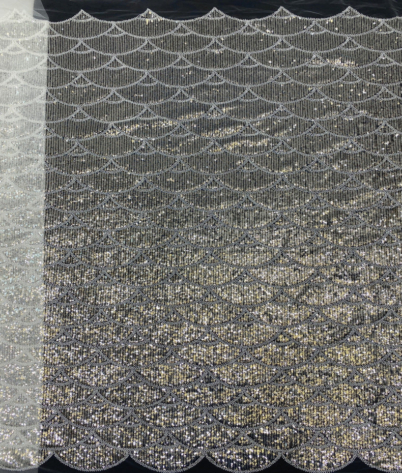 Fan-Motif White Bead and 5 mm Crystal Sequin Fabric — fabric photo 6