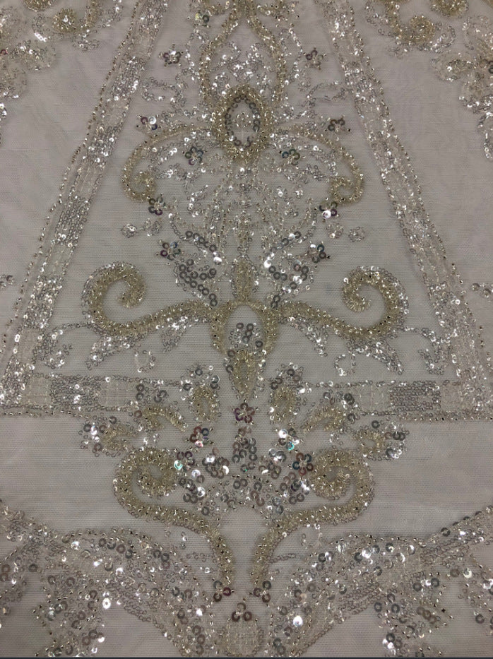 2/4 mm Crystal-Look Sequin & Silver-Bead Embroidered Bridal Fabric – Design 09151 — fabric photo 5