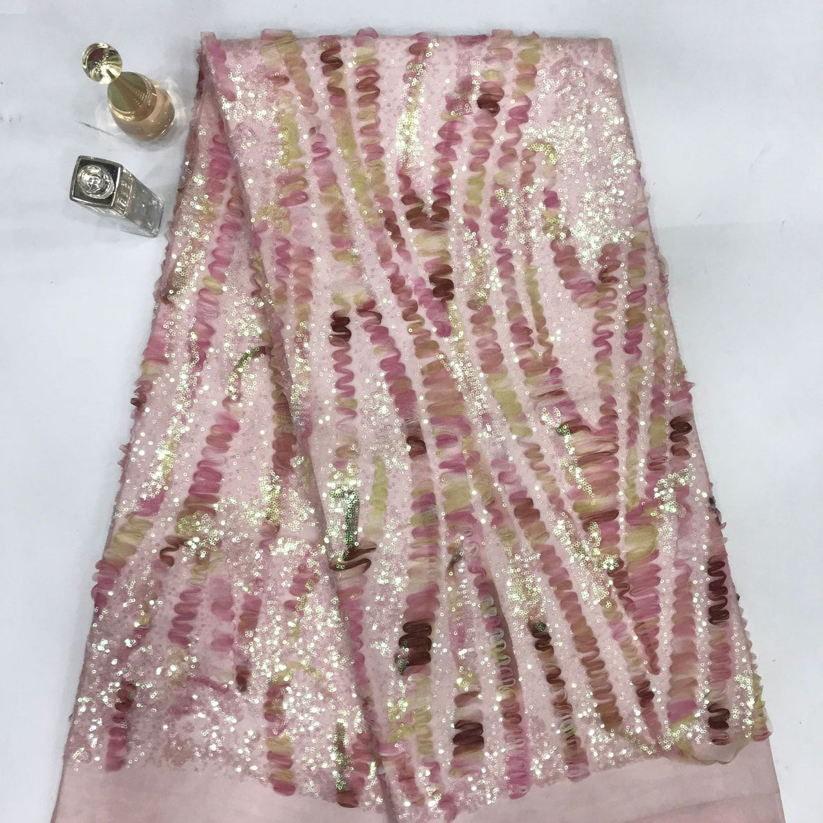 Wave Cordwork Iridescent Sequin Embroidered Mesh Fabric