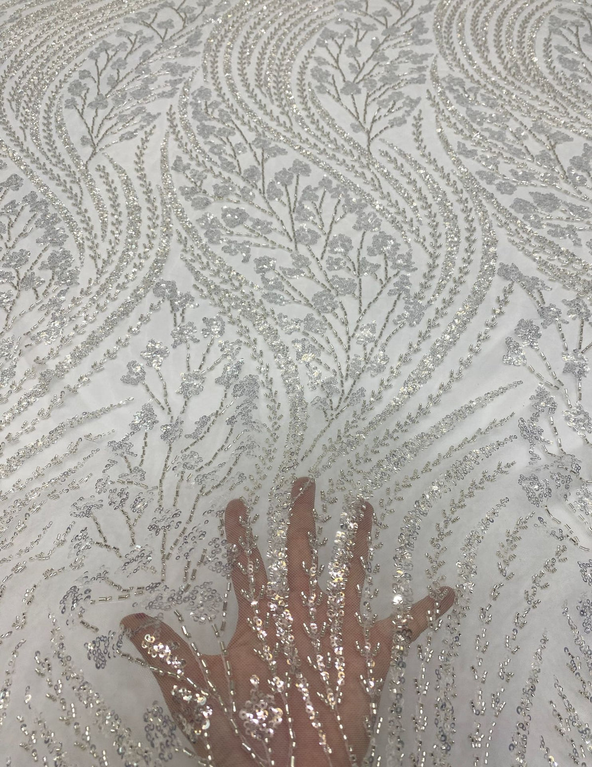 Wavy Bugle Bead & 3/4mm Sequin Embroidery Fabric — fabric photo 4